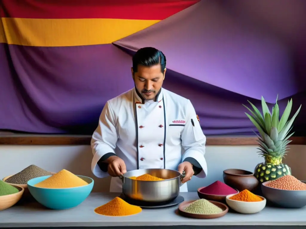 Un chef peruano valora ingredientes locales en cocina tradicional, cortando quinua y maíz morado