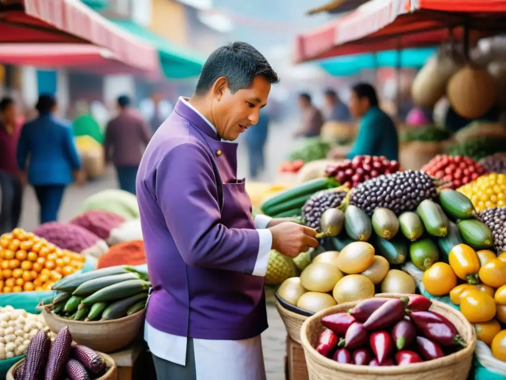 Un chef peruano seleccionando ingredientes locales en un mercado de Lima