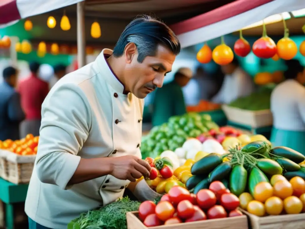 Un chef peruano seleccionando ingredientes locales en un mercado vibrante de Lima, reflejando la sostenibilidad y la vanguardia culinaria en Perú