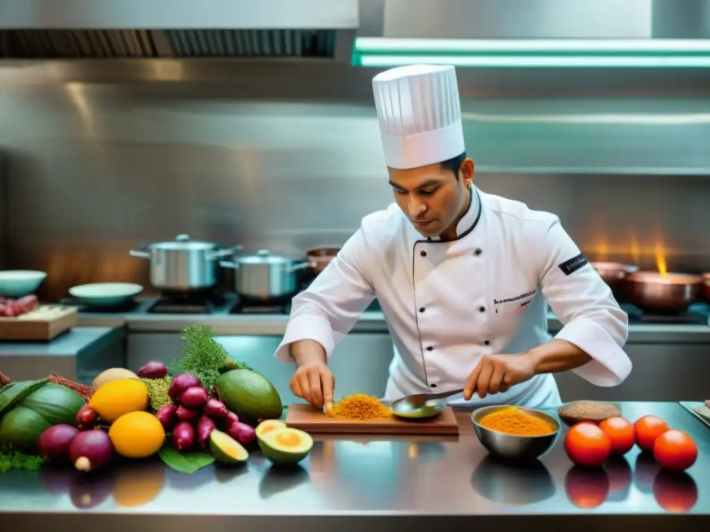 Un chef peruano preparando con ingredientes mágicos de la Amazonía en una cocina moderna