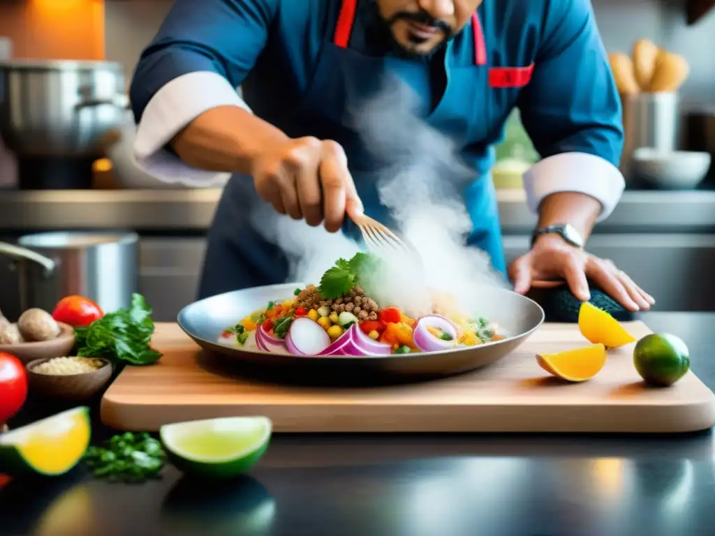 Un chef peruano fusionando ingredientes con sabores internacionales en una cocina vibrante y creativa