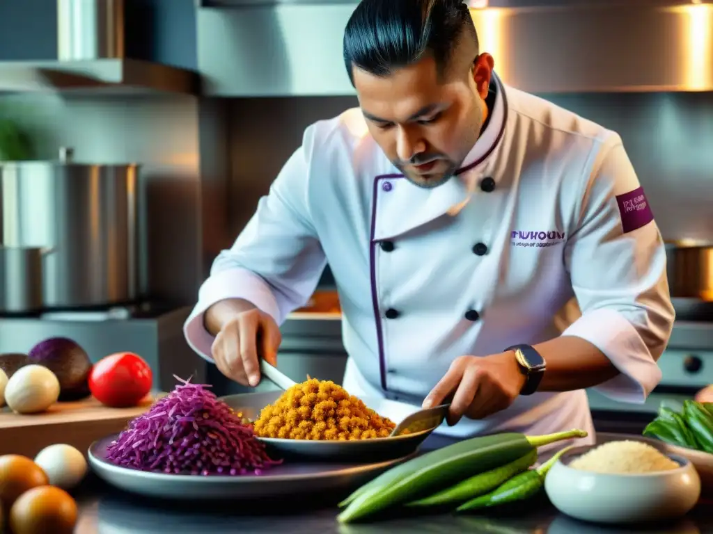 Un chef peruano fusiona ingredientes en su taller culinario, creando una obra maestra de la cocina peruana fusión