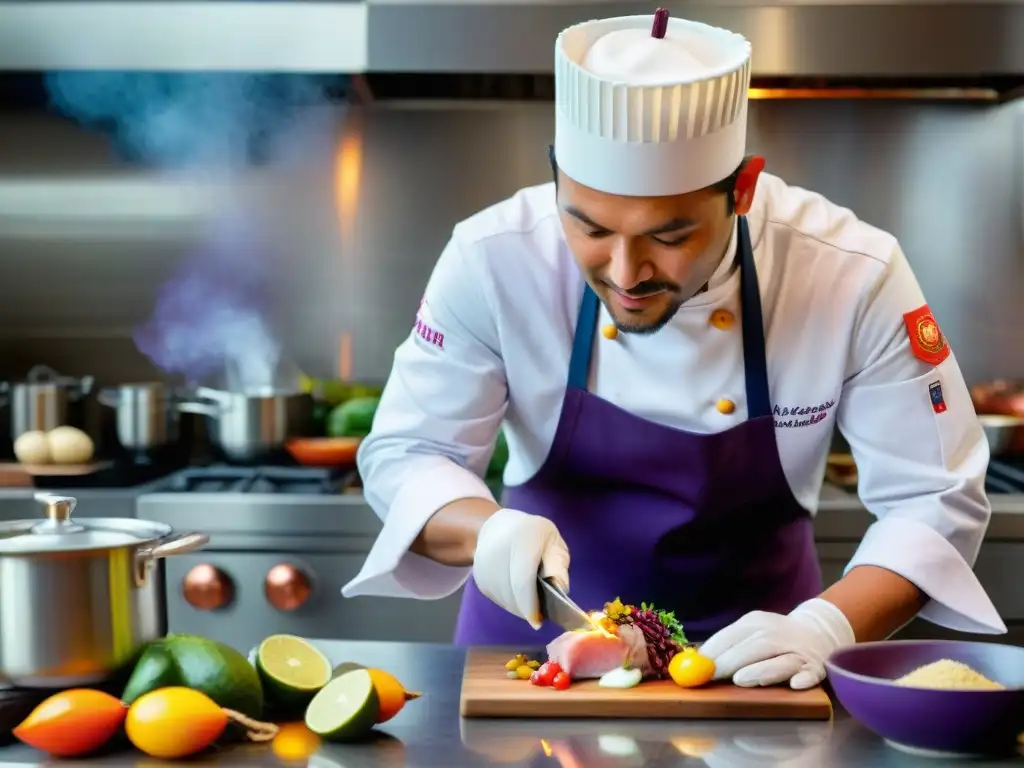 Un chef peruano fusionando ingredientes con técnicas contemporáneas en una cocina vibrante