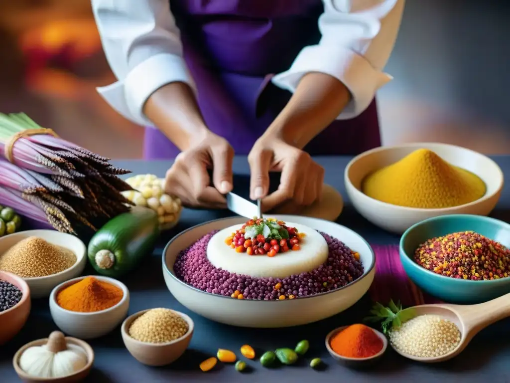 Chef peruano fusionando ingredientes tradicionales y modernos en una cocina vibrante