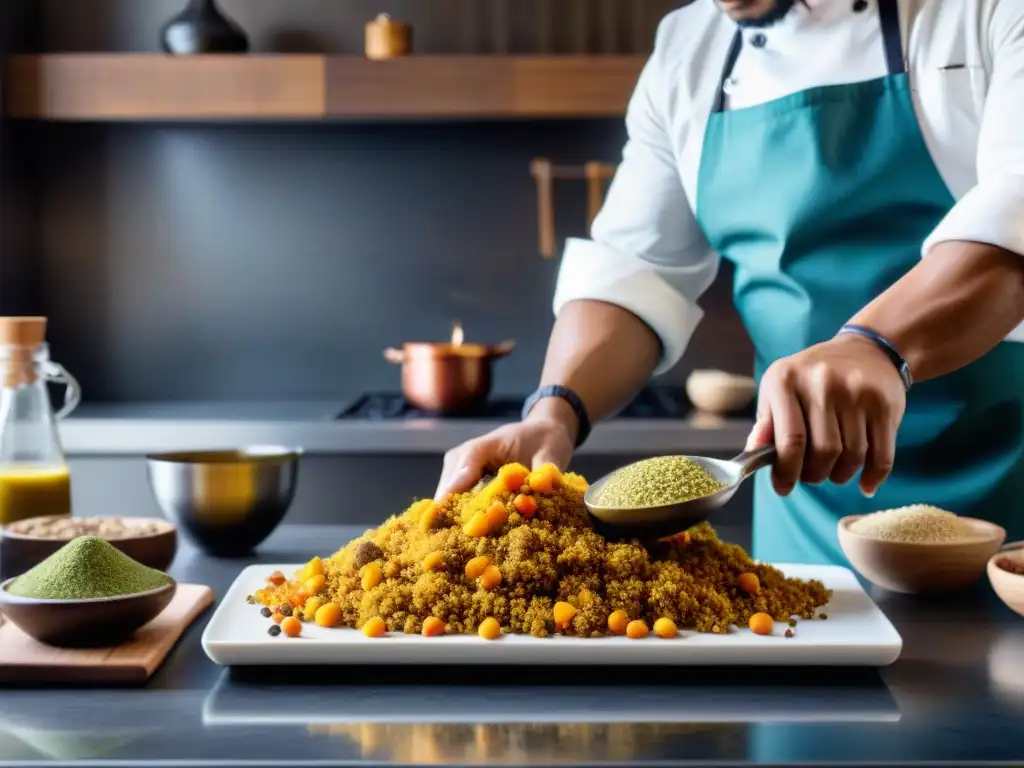 Chef peruano fusionando ingredientes tradicionales con sabores internacionales en cocina moderna