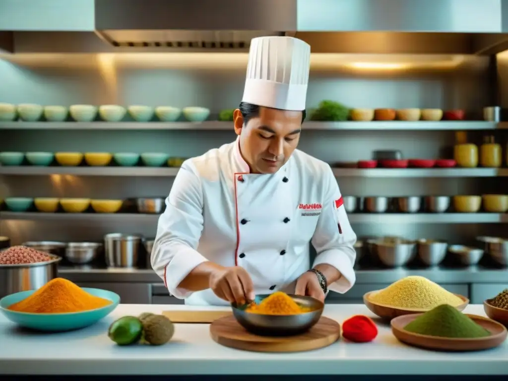 Un chef peruano en acción, fusionando ingredientes tradicionales con técnicas vanguardistas