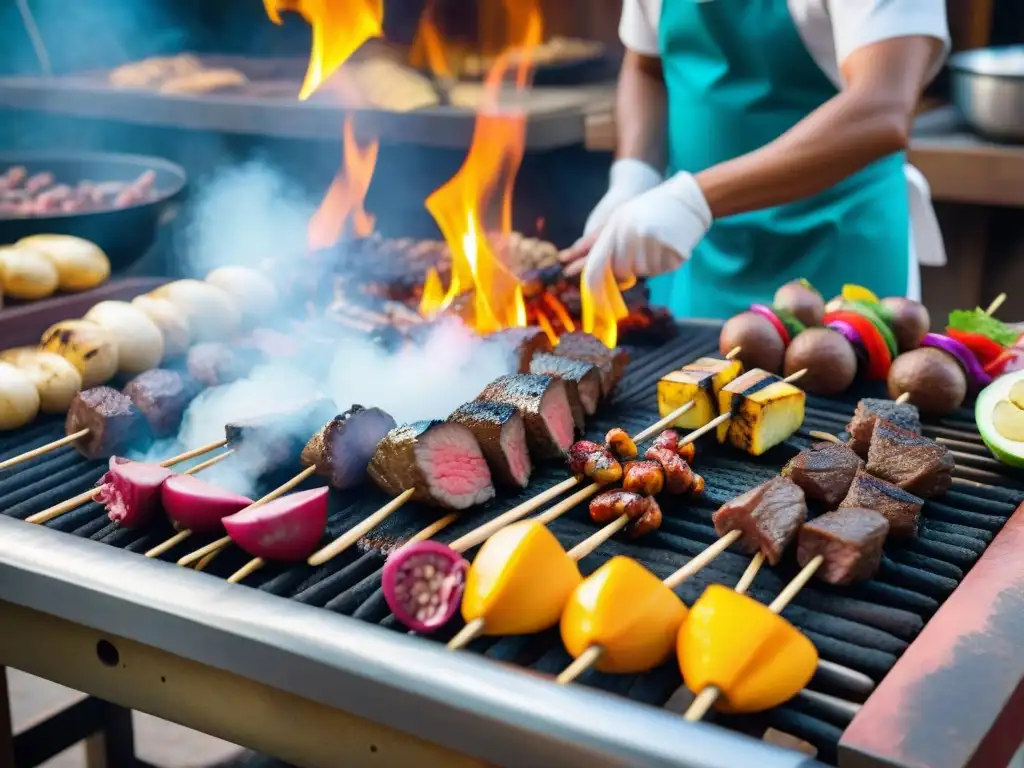 Un chef peruano innovador preparando anticuchos sobre parrilla con ingredientes tradicionales