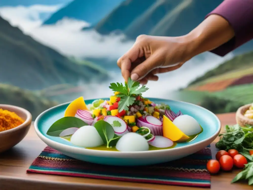 Un chef peruano innovador decora un ceviche con hierbas andinas en un mercado andino