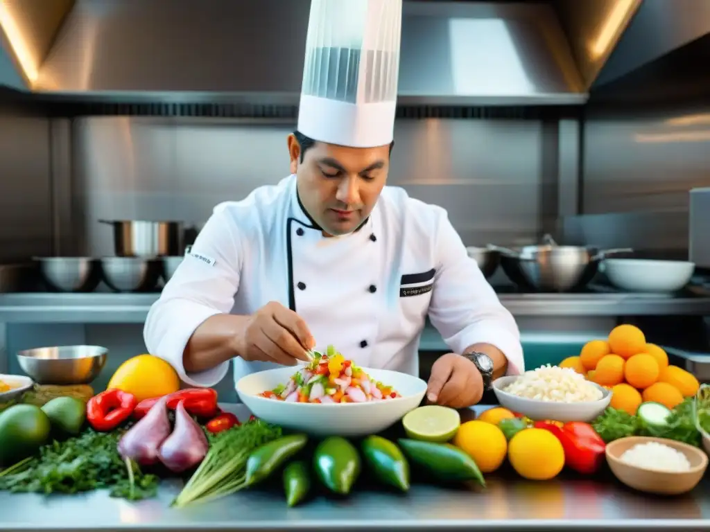 Chef peruano innovador preparando ceviche, destacando colores vibrantes en cocina peruana bulliciosa