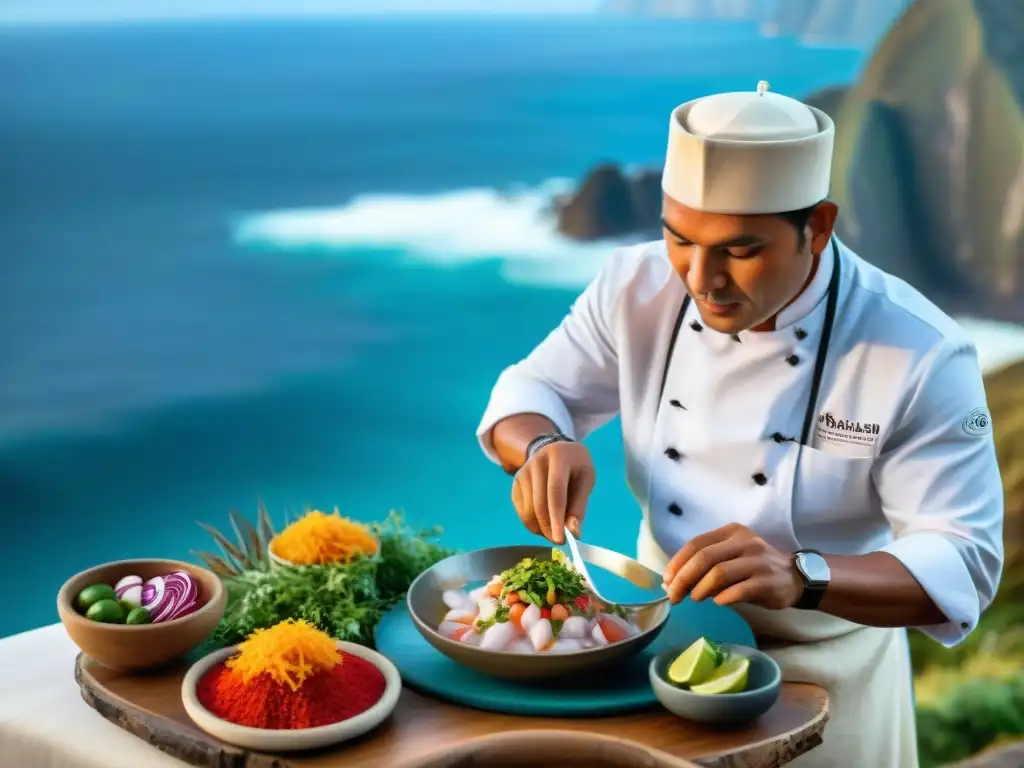 Un chef peruano innovador preparando ceviche frente al mar, fusionando técnicas culinarias