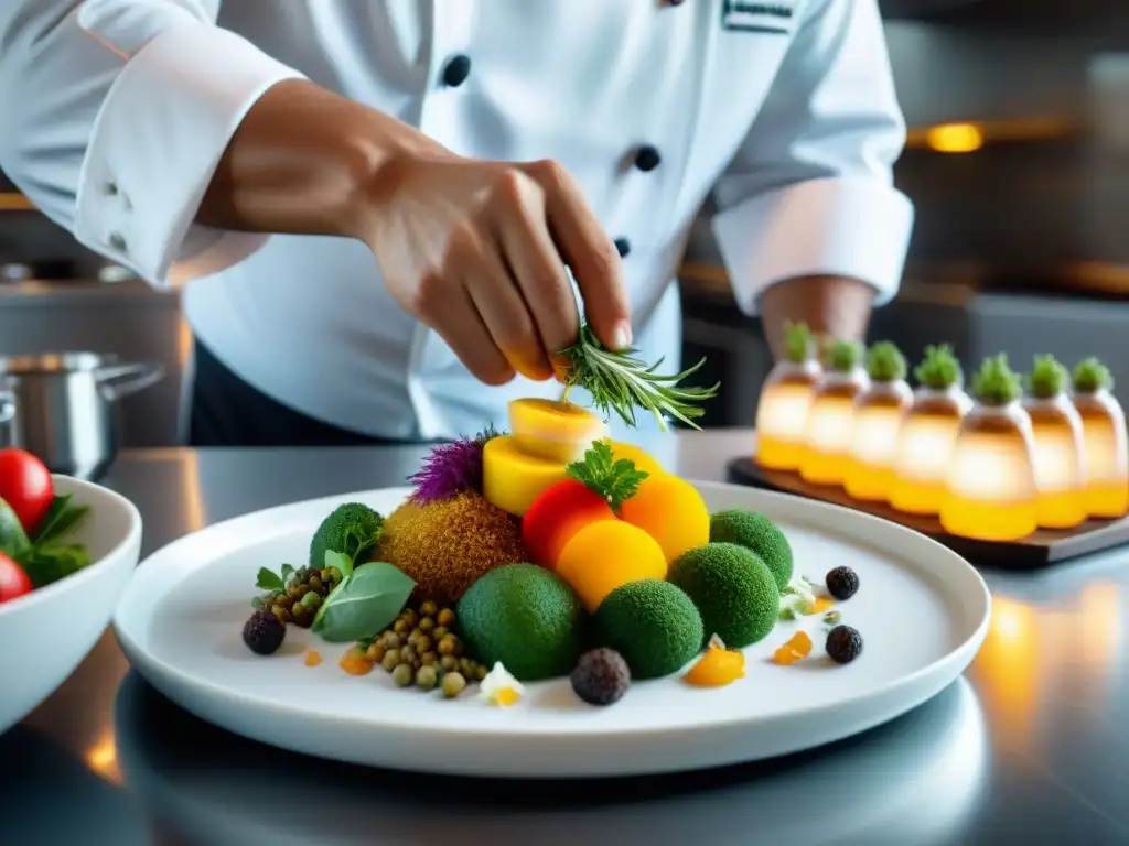 Un chef peruano innovador en emplatado, meticuloso y creativo, arregla ingredientes coloridos con precisión en un plato blanco