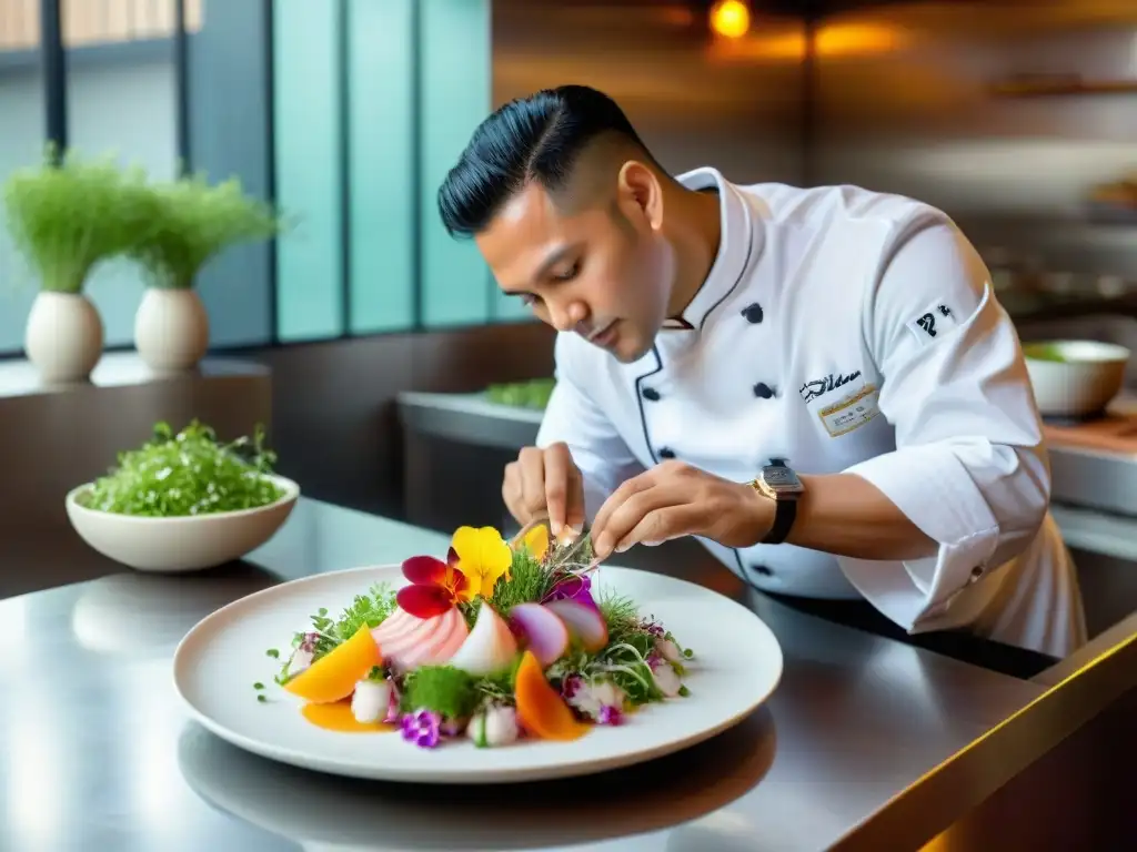 Chef peruano innovador en emplatado, creando ceviche con flores comestibles y microgreens en un elegante plato blanco