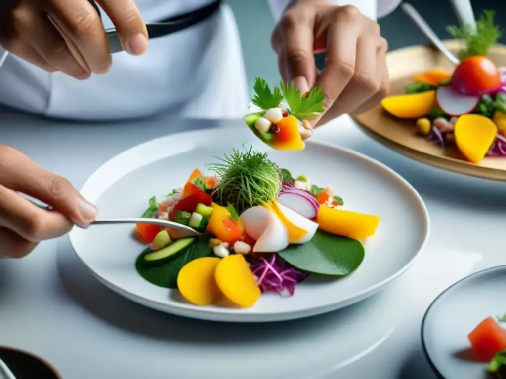 Un chef peruano innovador en emplatado creando un ceviche colorido con precisión y creatividad