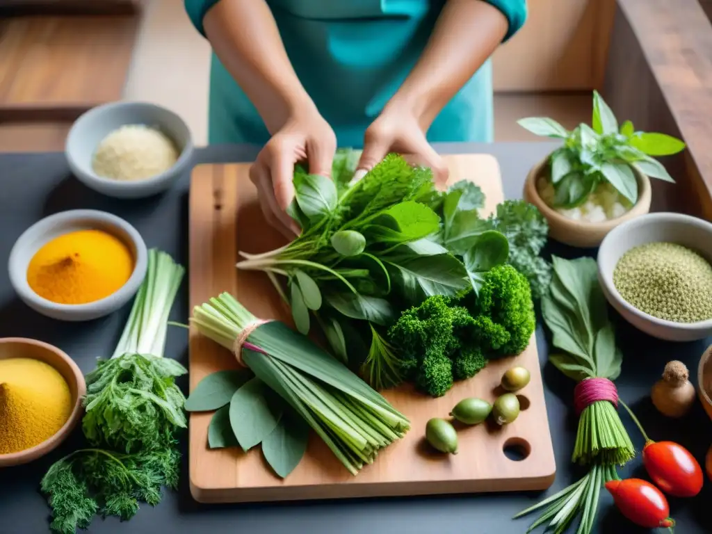 Un chef peruano innovador incorpora hierbas andinas en su plato, rodeado de aromáticas hierbas frescas en una cocina tradicional peruana