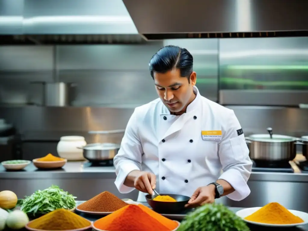 Un chef peruano innovador fusiona ingredientes en una cocina moderna de Lima, reflejando la escena culinaria de la innovación en Perú