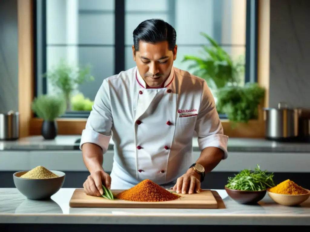 Un chef peruano innovador preparando un plato de fusión con quinua, destacando los beneficios de la quinua peruana