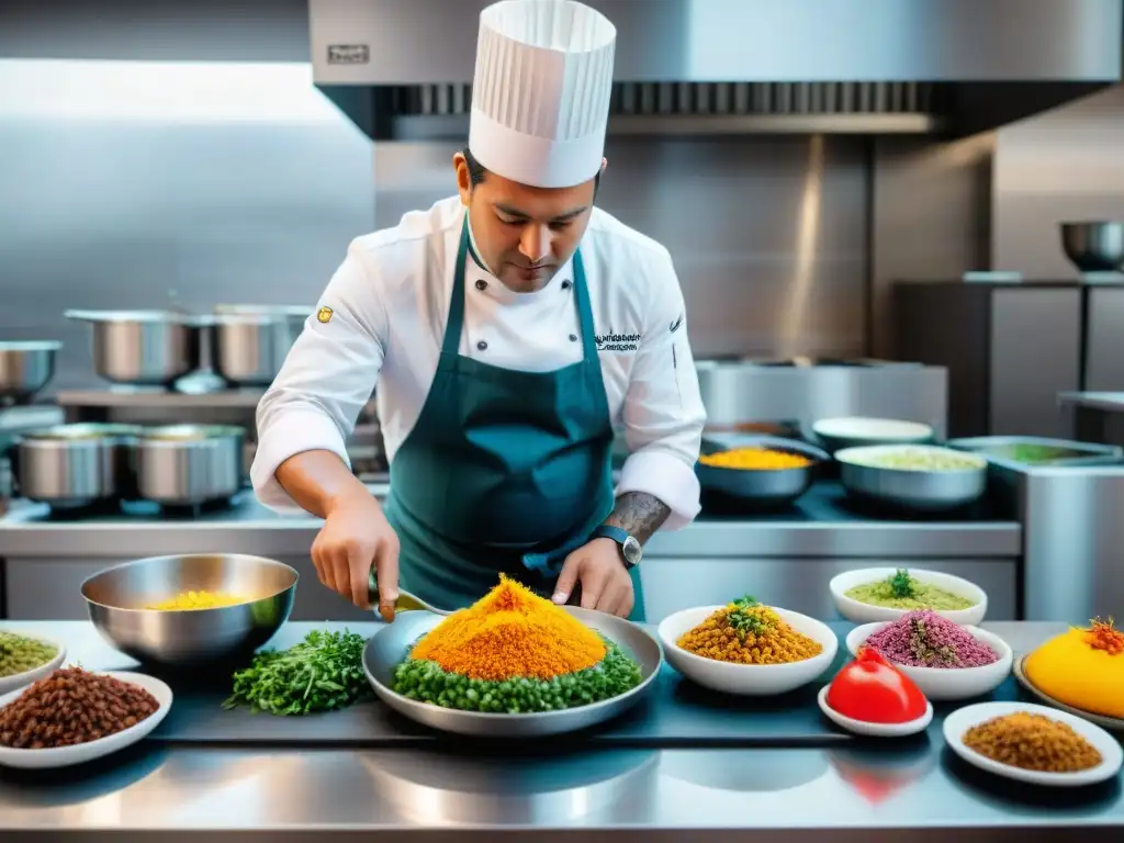 Chef peruano innovador reconocido mundialmente en su restaurante en Lima, creando una obra culinaria excepcional