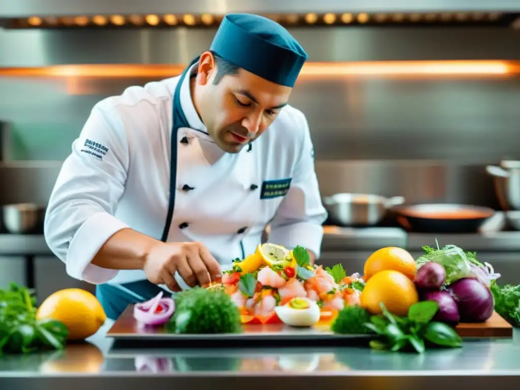 Un chef peruano innovador reconocido mundialmente preparando un ceviche contemporáneo en una cocina moderna y bulliciosa