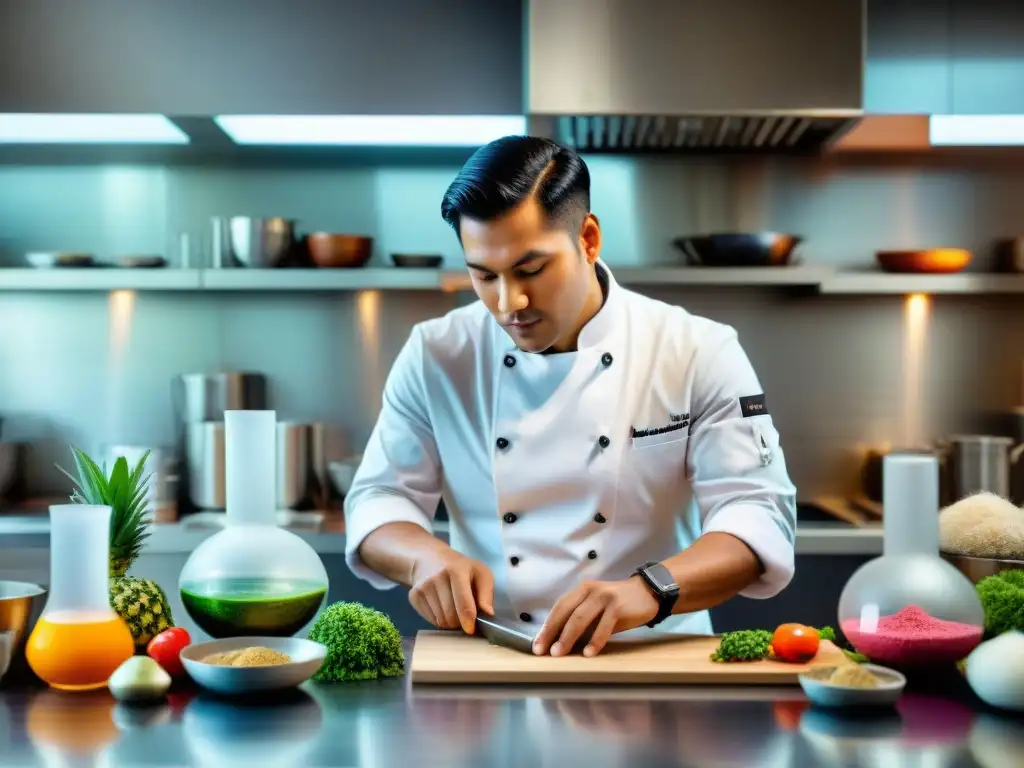 Chef peruano innovador fusionando gastronomía molecular con técnicas tradicionales en una cocina moderna