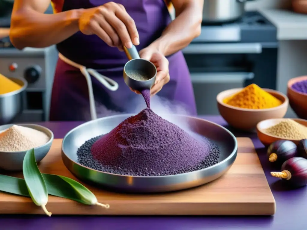 Chef peruano innovador usando zaranda con maíz morado en cocina vibrante