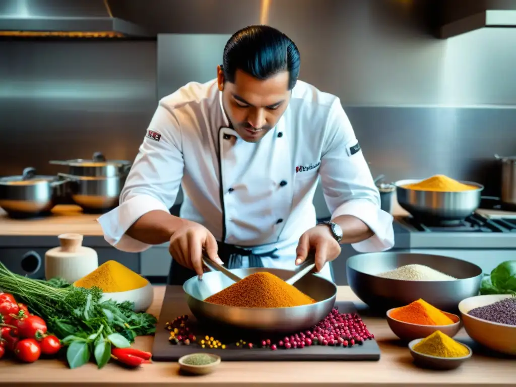 Un chef peruano innovador usando una zaranda en la cocina, creando una mezcla colorida de tradición e innovación