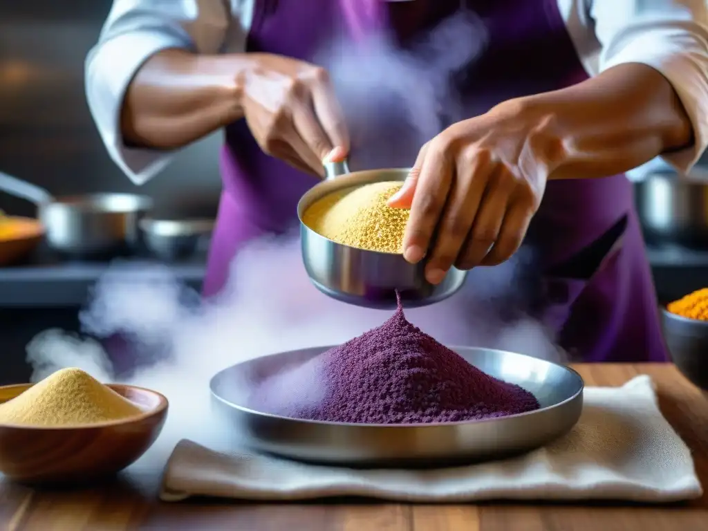 Chef peruano innovador usando zaranda en cocina moderna con maíz morado