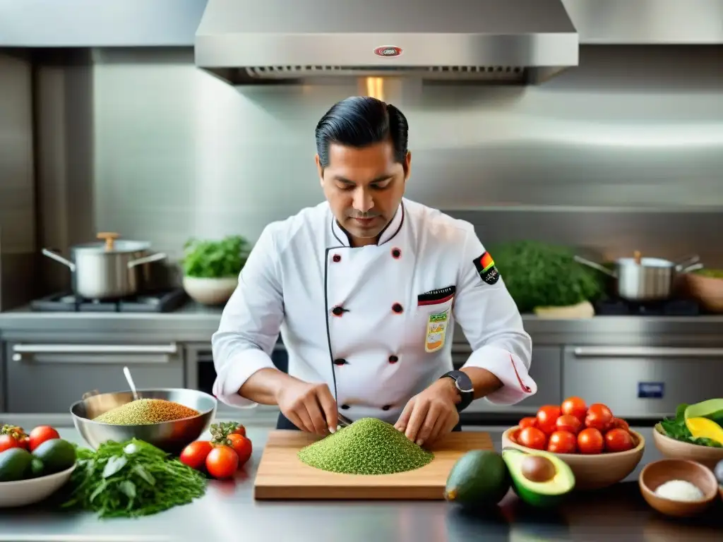 Un chef peruano preparando una innovadora ensalada de quinoa en una cocina moderna