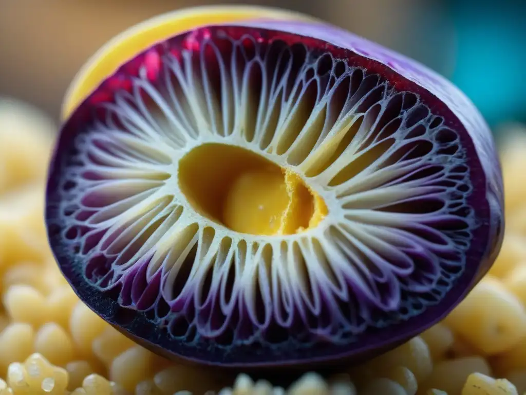 Chef peruano explorando la innovadora gastronomía molecular con una rebanada de papa morada peruana bajo microscopio