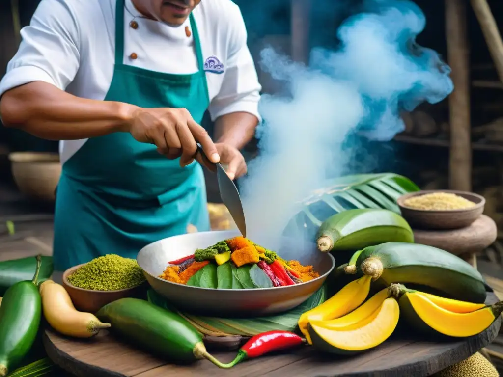 Un chef peruano en Iquitos prepara un plato amazónico rodeado de ingredientes exóticos