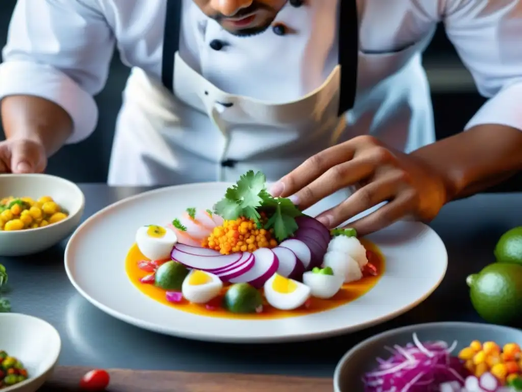 Un chef peruano joven talentoso prepara ceviche con precisión, mostrando la frescura y creatividad de la cocina peruana