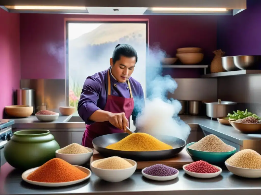 Chef peruano preparando kiwicha en cocina andina con ingredientes tradicionales