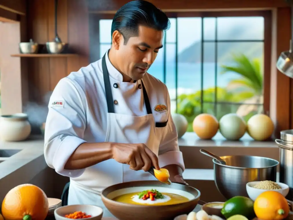 Un chef peruano preparando Leche de Tigre en una cocina rústica con vista al mar