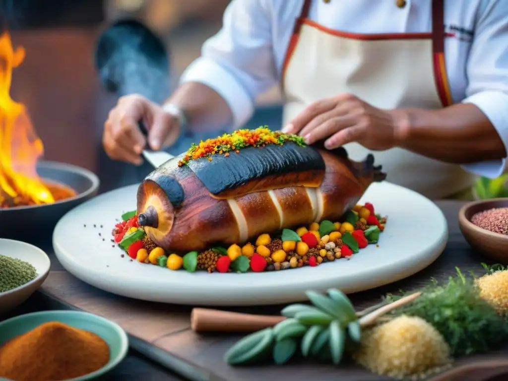 Un chef peruano sazona un lechón asado, mostrando la preparación del Lechón Peruano en Casa