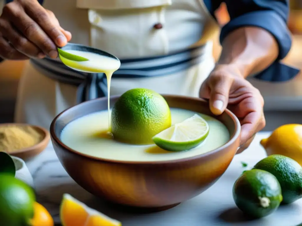 Un chef peruano exprimiendo limones frescos en una Leche de Tigre, resaltando la preparación tradicional