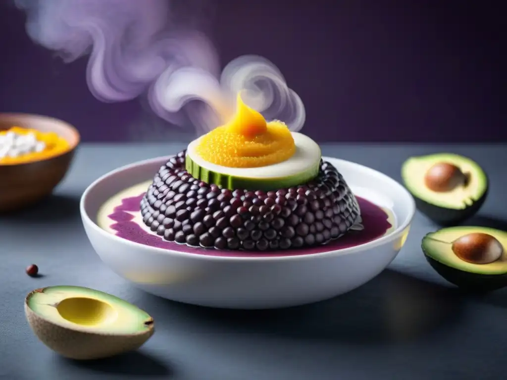 Un chef peruano hábil incorpora lúcuma en un postre tradicional en una cocina moderna, destacando los beneficios de este superfruto peruano