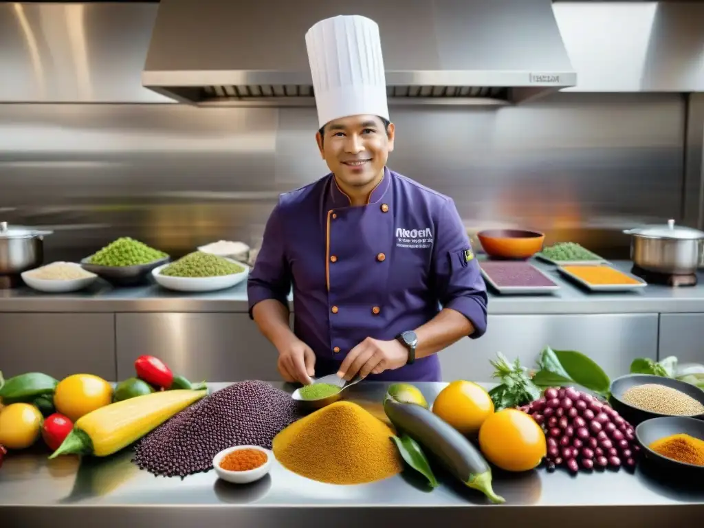 Un chef peruano en una lujosa cocina limeña, rodeado de ingredientes únicos e inesperados como maíz morado, fruta de lúcuma y ají amarillo