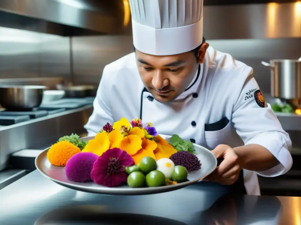 Un chef peruano en un lujoso restaurante de Lima, creando un plato con ingredientes inesperados y presentación artística