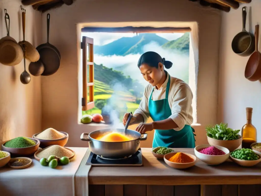 Un chef peruano preparando con maestría quinua atamalada en una cocina tradicional, rodeado de ingredientes frescos