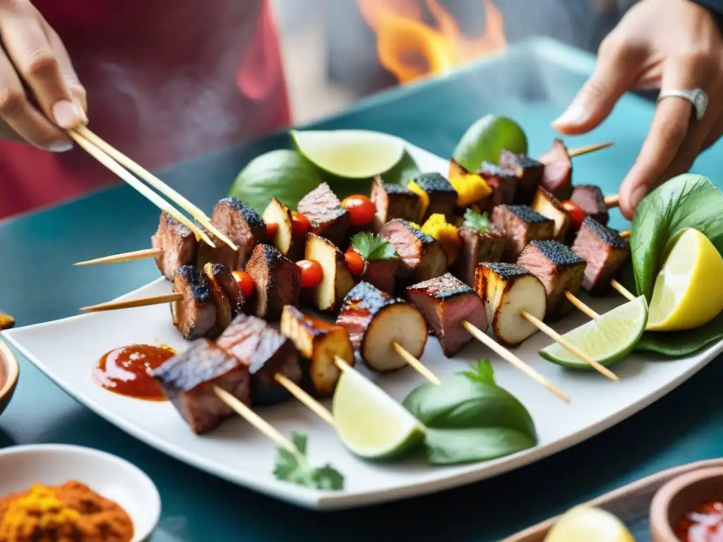 Un chef peruano tradicional marina anticuchos de corazón en Lima