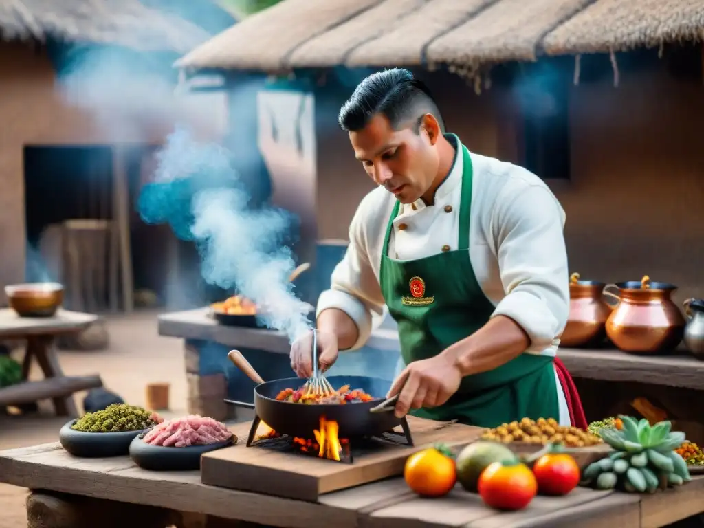 Chef peruano preparando marinera de cabrito en cocina tradicional, rodeado de ingredientes locales