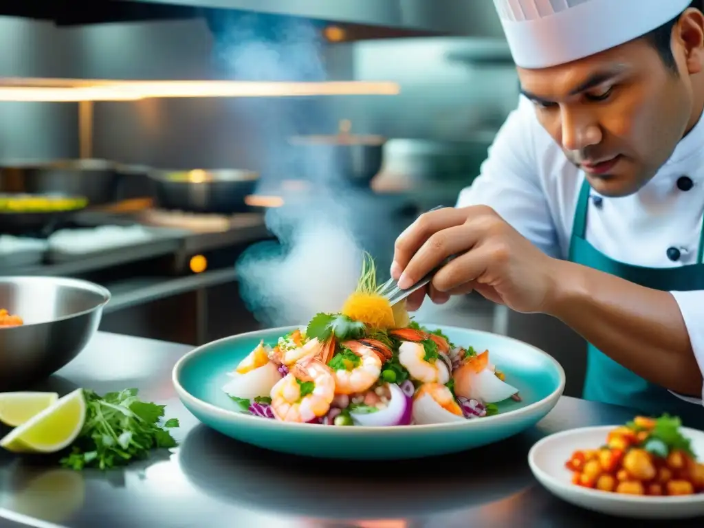 Un chef peruano prepara mariscos en una cocina fusionando sabores y tradición