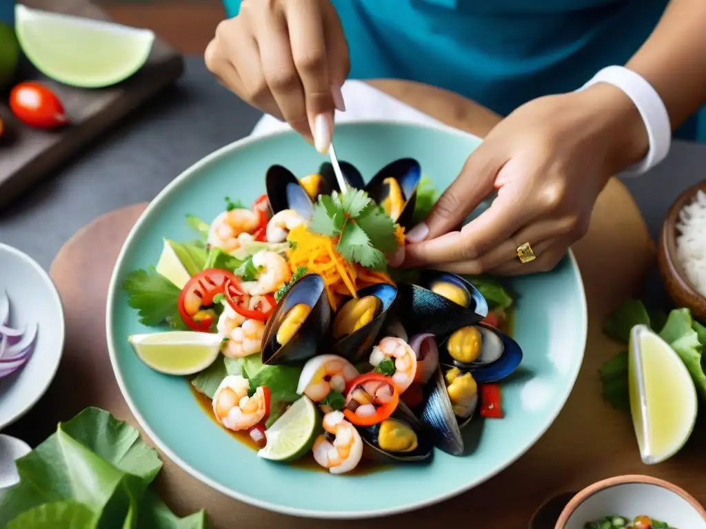 Un chef peruano preparando mariscos peruanos con fusión culinaria en un ceviche colorido