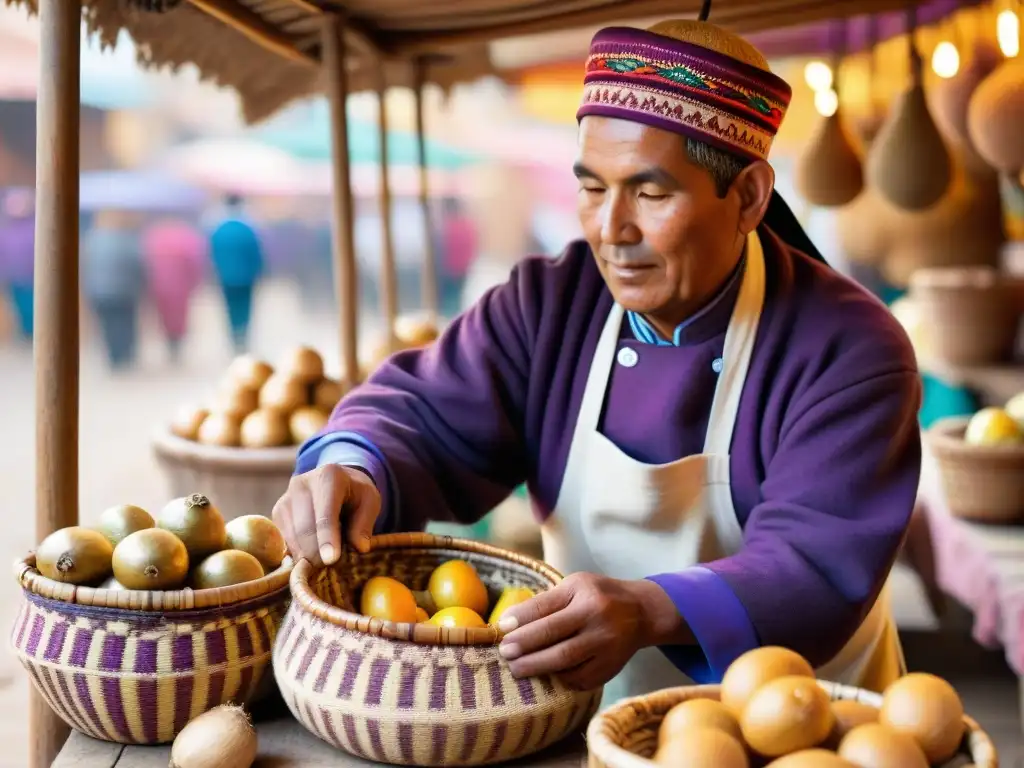 Un chef peruano selecciona mashua morada en mercado cusqueño