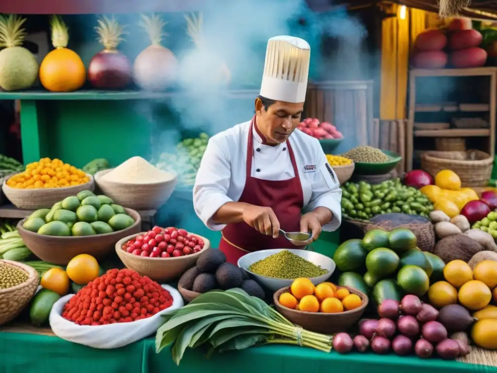 Chef peruano en mercado amazónico: colores y sabores exóticos Un chef peruano en un mercado amazónico, seleccionando ingredientes vibrantes de la gastronomía peruana platos tradicionales Amazonas