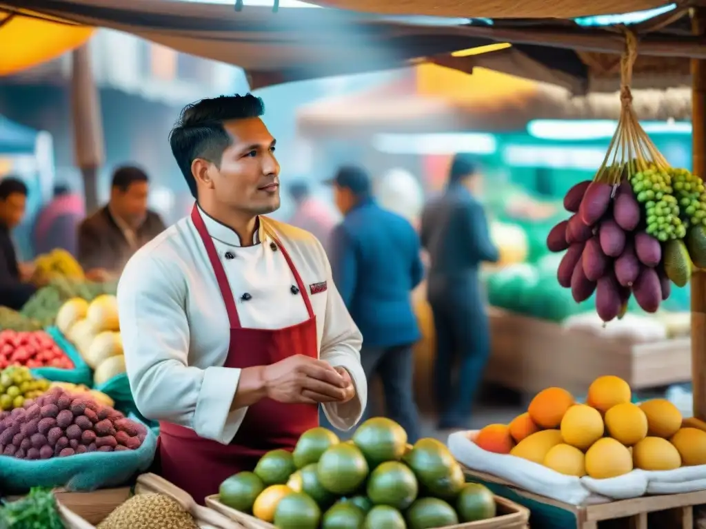 Chef peruano en mercado seleccionando ingredientes frescos, reflejando la esencia de la gastronomía peruana