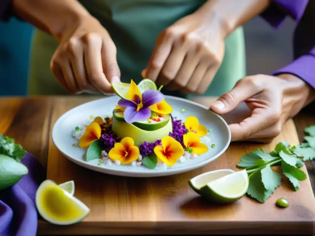 Chef peruano en mercado, creando plato gastronómico con flores comestibles en ceviche