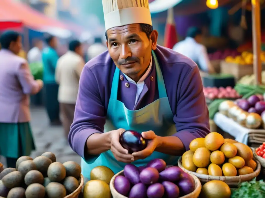 Chef peruano en mercado vibrante seleccionando productos para ritual gastronómico Inti Raymi Perú