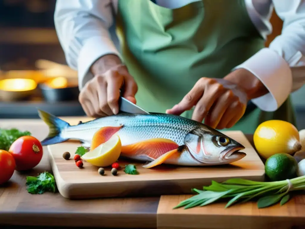 Un chef peruano realiza una meticulosa limpieza de pescado, mostrando la pesca sostenible en cocina peruana