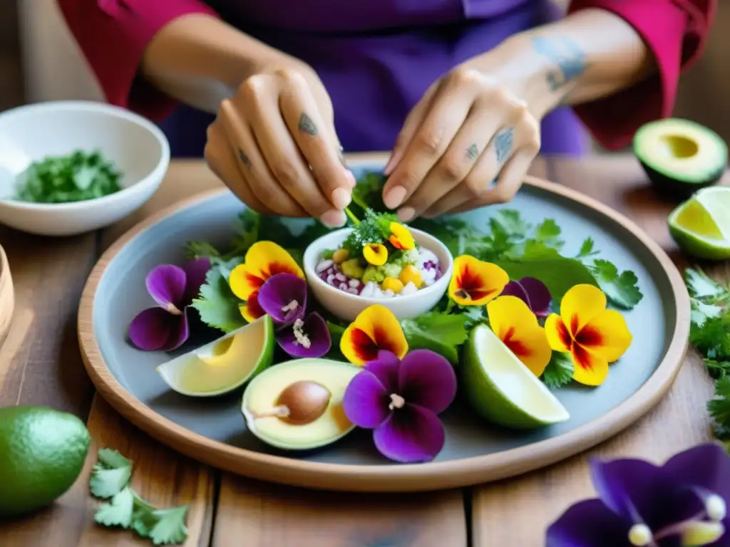 Un chef peruano meticuloso crea una presentación impecable de ceviche con flores comestibles