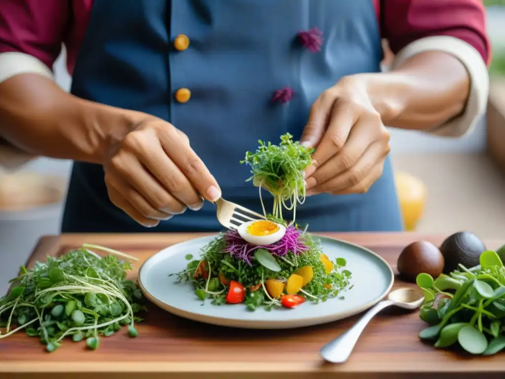 Un chef peruano coloca microgreens en plato tradicional, destacando la fusión culinaria